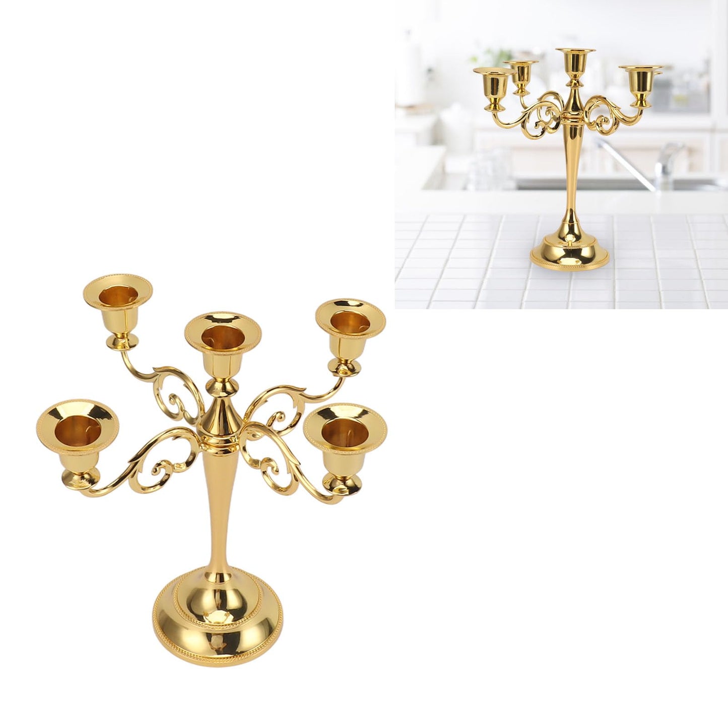 YUEYASHUX 5 Arm Candlestick Holder Retro Decorative Iron Candle Holder Centerpiece for Home Church (Gold)