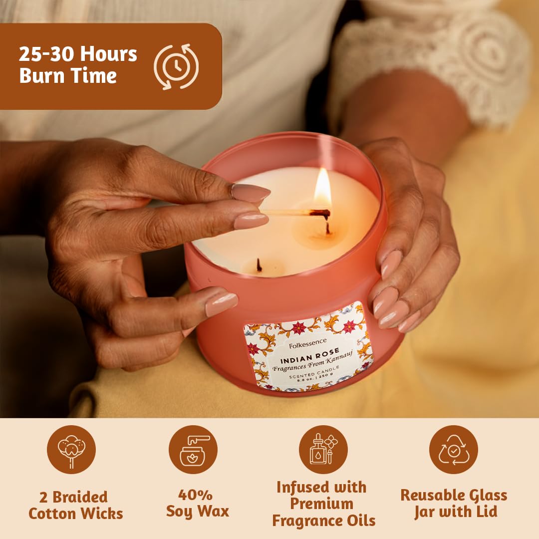 Folkulture Scented Candles- 8.8 Oz | Indian Rose Scented, Luxury Glass Jar Candles for Home, Gifts for Women, Her |Soy, Non Toxic Candle with 30 Hrs Burntime for Aromatherapy, Home Decor