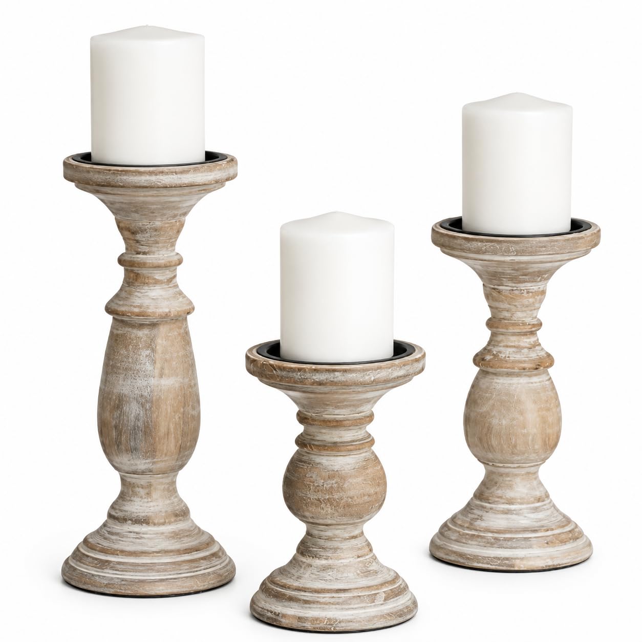 White WSH Candle Stands Wooden for Pillar Candles,Rounded Turned Colums, Sustainable Woods, Country Style Aromatherapy Candle Gardens Home décor - 6,8,10 Inch Set of 3