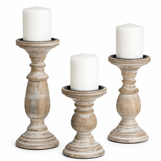 White WSH Candle Stands Wooden for Pillar Candles,Rounded Turned Colums, Sustainable Woods, Country Style Aromatherapy Candle Gardens Home décor - 6,8,10 Inch Set of 3