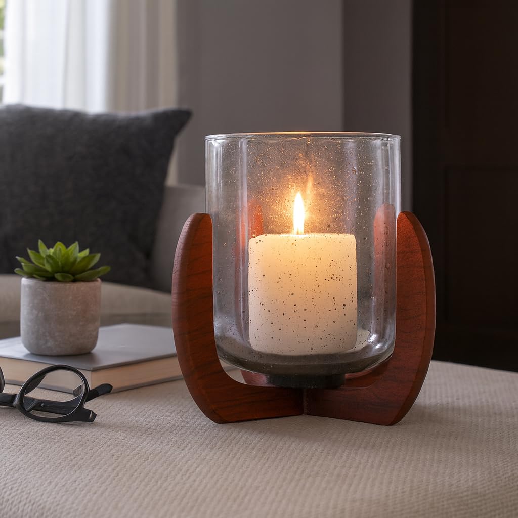 Glass And Wood Candle Holder – Votive Candle Holder Decor For Tabletop And Mantle, Living Room And Bedroom Placement, Indoor Lantern Style Accent with Warm Modern Home Decor Appeal – 7", Brown & Clear