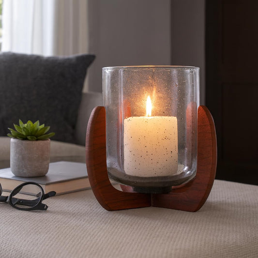 Glass And Wood Candle Holder – Votive Candle Holder Decor For Tabletop And Mantle, Living Room And Bedroom Placement, Indoor Lantern Style Accent with Warm Modern Home Decor Appeal – 7", Brown & Clear
