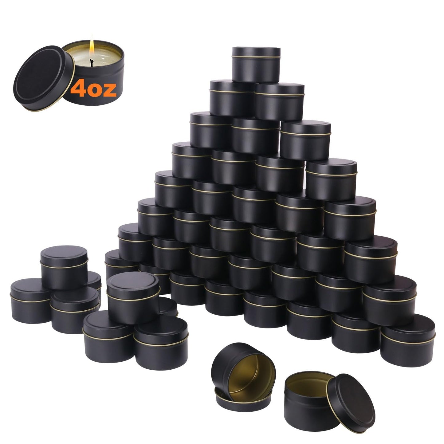 Biugaaufai 72 Pack 4 oz Black Metal Candle Tins with Lids, Round Bulk Metal Candle Jar, Matte Finish, Round 4 oz Candle Tins for DIY Candle Making and Storage