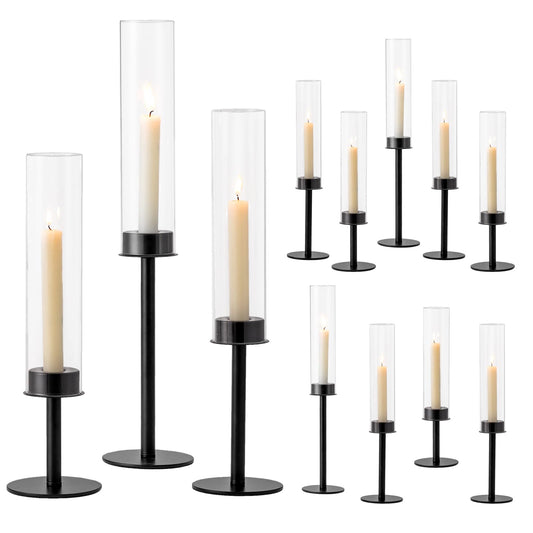 Hewory Black Candlestick Holders Hurricane Candle Holder, 12Pcs Candle Stick Candle Holder Candelabra, Taper Candle Holders with Glass Candle Cover for Wedding Table Centerpiece Christmas Decor