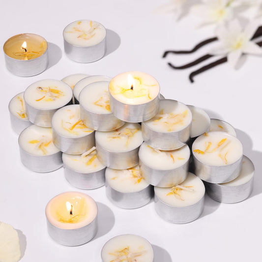 48 Pcs Vanilla Scented Tealight Candles, 6H Long Burning - 100% Palm Wax Based Scented Tea Lights with Dried Flowers, Non-Toxic/Smokeless Tea Lights Candles Bulk for Spa, Bath, Wedding