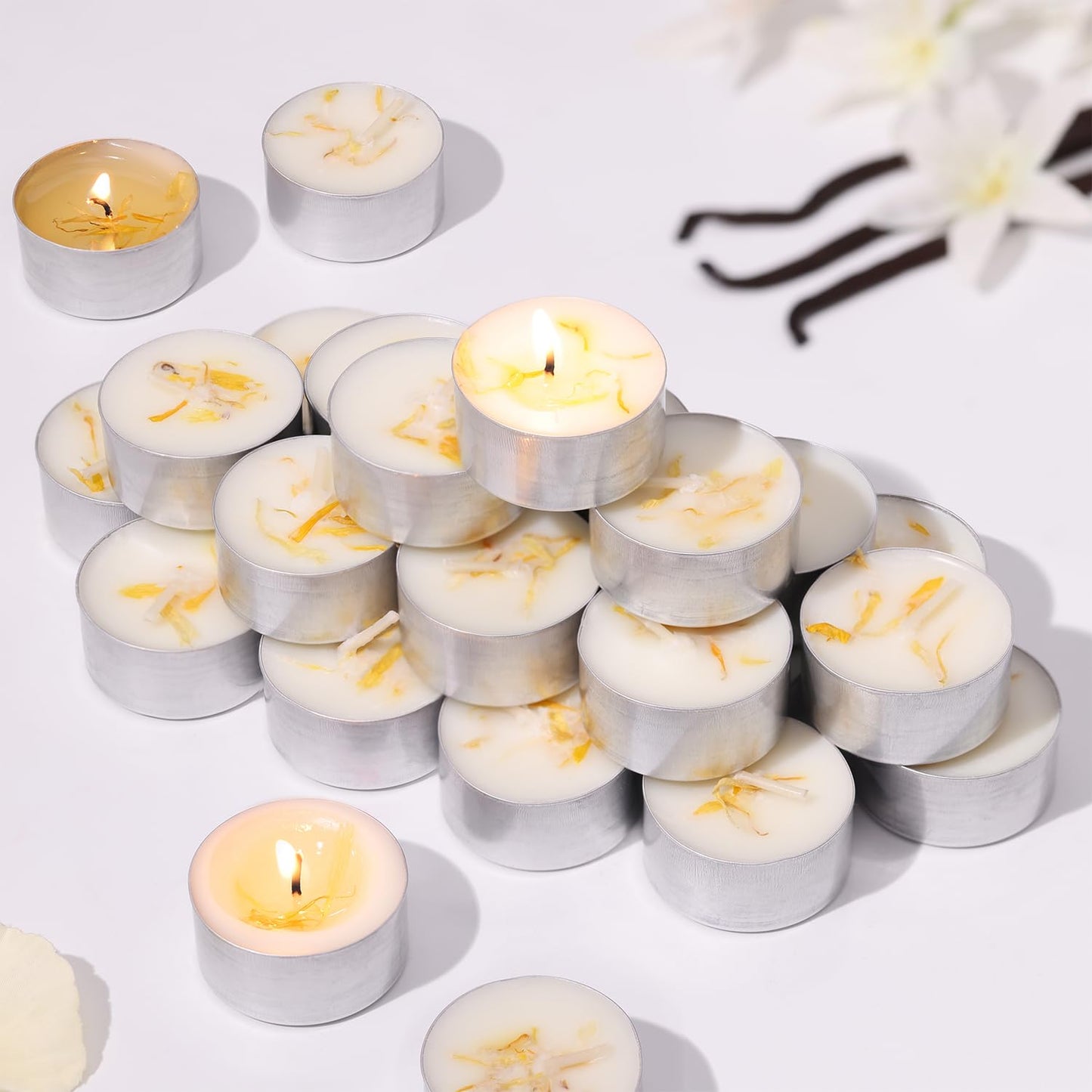 8 Pcs Vanilla Scented Tealight Candles, 6H Long Burning - 100% Palm Wax Based Scented Tea Lights with Dried Flowers, Non-Toxic/Smokeless Tea Lights Candles Bulk for Spa, Bath, Wedding