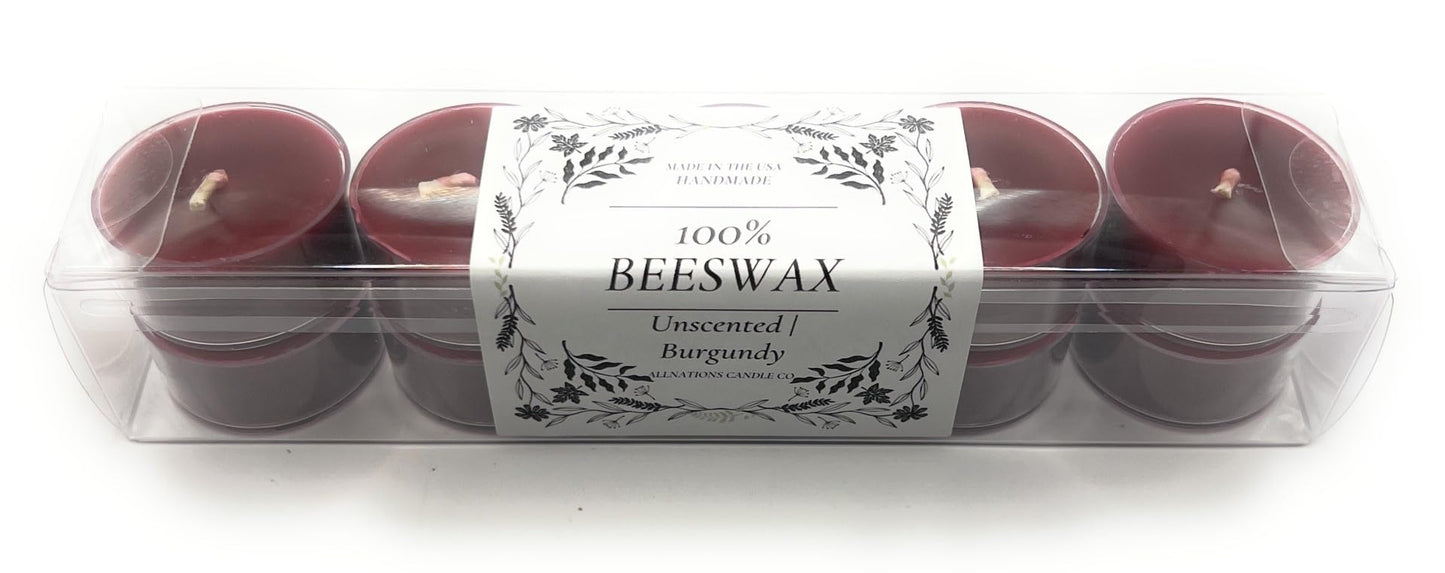 Allnations Candle Co. 100% Beeswax Tealight Candles. 4 to 5 Hours Long Burn Each - for Home, Rituals, Prayer, Party, Room Table Decoration - Unscented - Smokeless -10pcs (Burgundy)