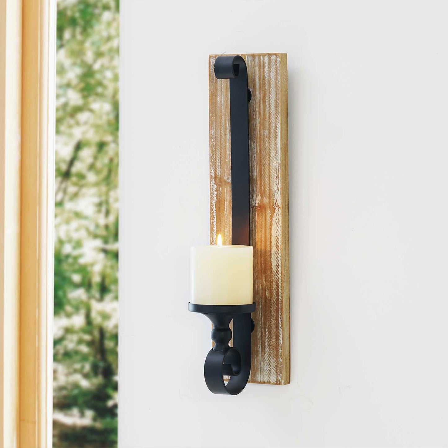 Wall Sconce Candle Holder (Set of 2) Black Wall-Mount Metal and Wooden Candle Holders for Living Room, Bathroom, Dining Room