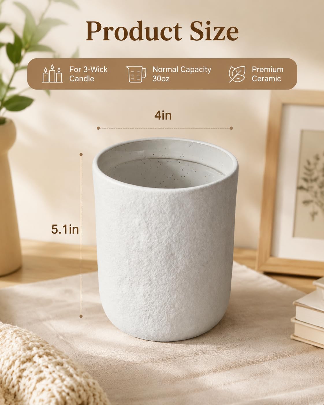 UDNORDGLOW 30 OZ Ceramic Candle Jars for Making Candles, 3 Wick Jars 5.1 IN for Making Candles - Dishwasher Safe , Sample Container, Marble White