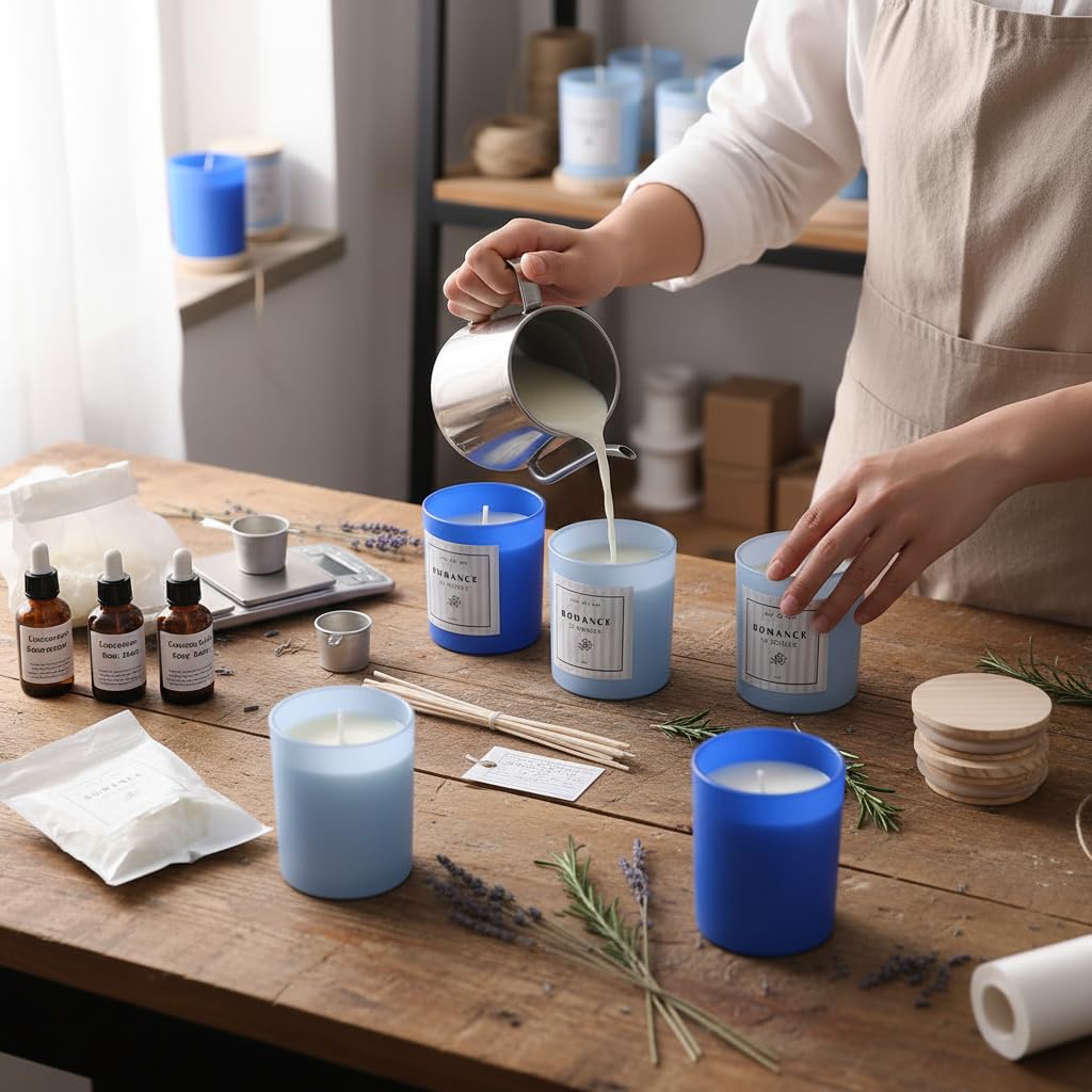 REISEN 12Pcs Assorted Blue Candle Jars, 10oz Glass Candle Containers for DIY Gifts and Storage, Frosted Blue Glass Jars with Bamboo Lids and Labels