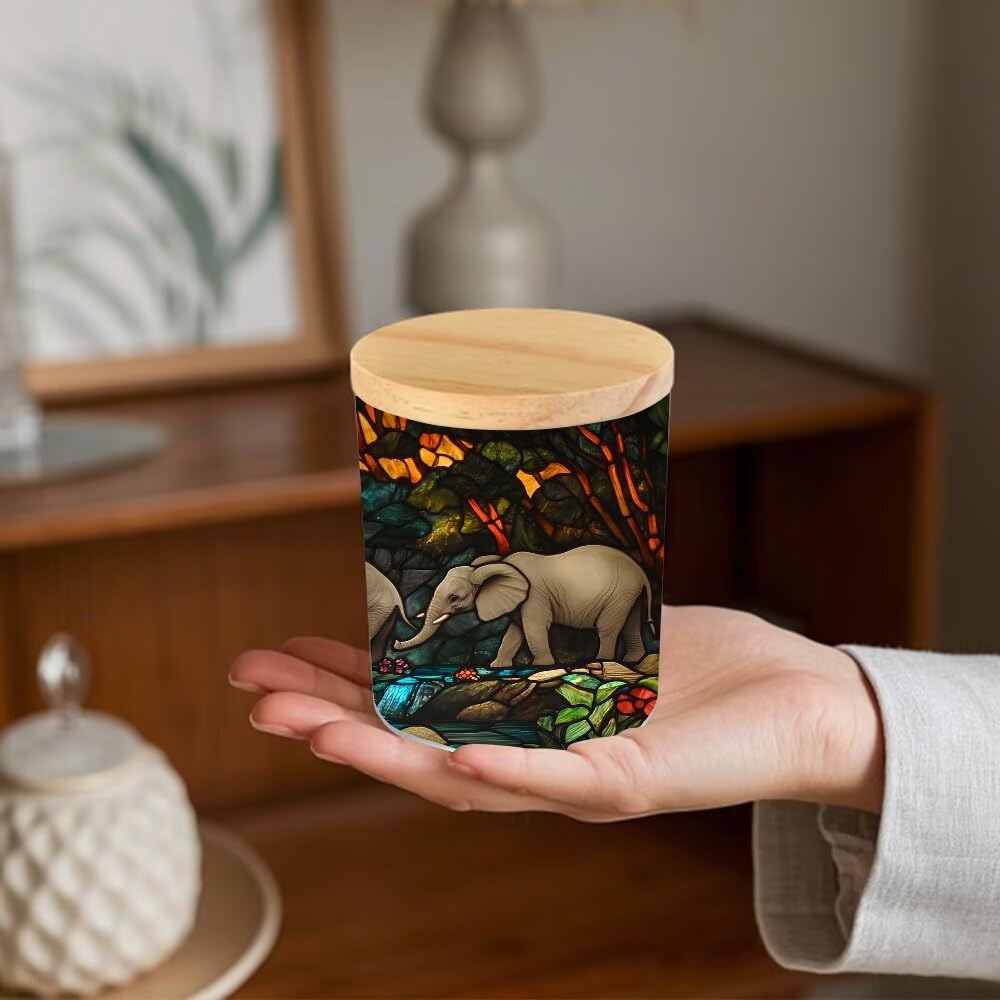 Stained Glass Elephants Tea Light Candle Holders, Forest Rivers Tealight Candle Holder Jar with Wooden Lid, Votive Candlesticks for Table Centerpieces, Christmas,Birthday Party,Home Decor