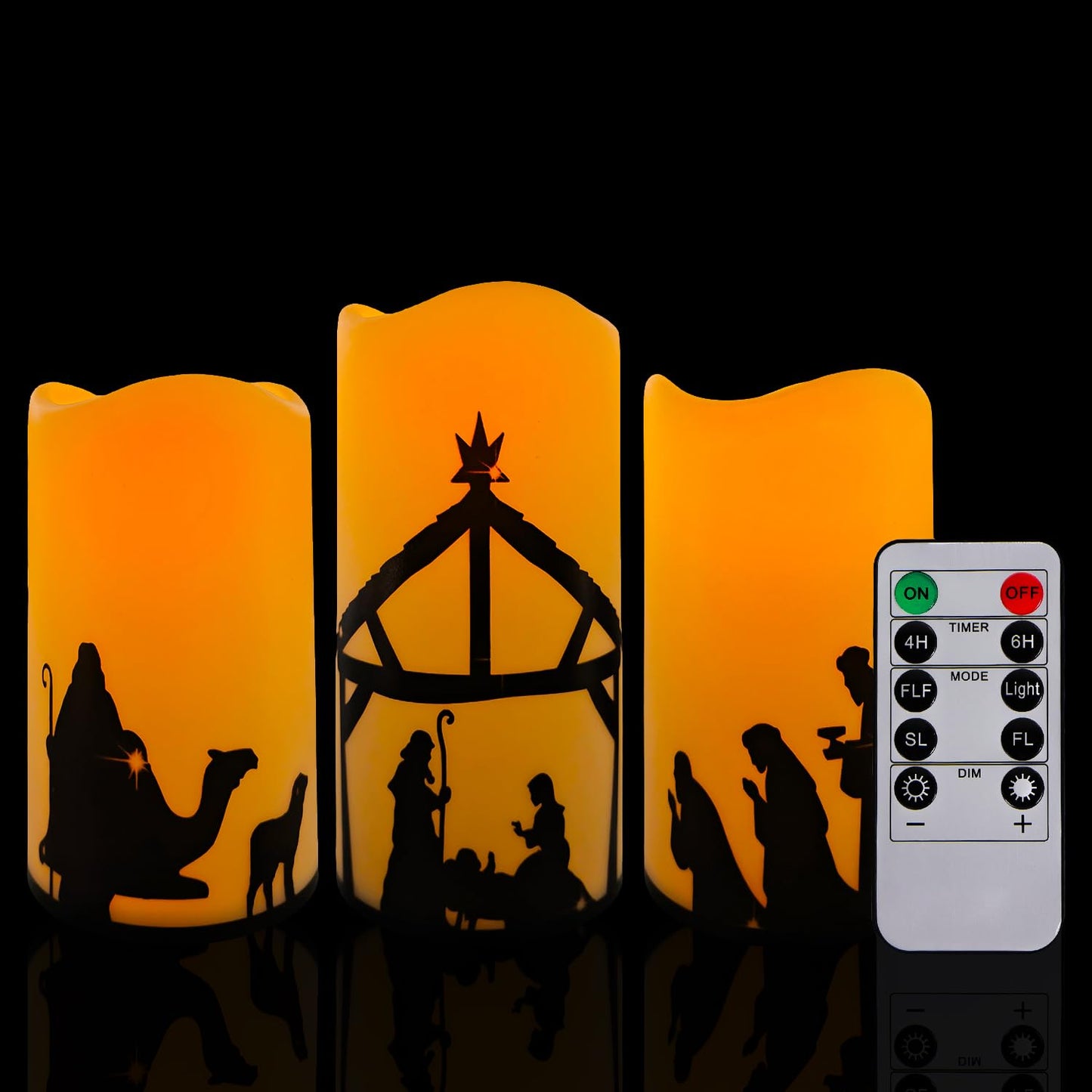 Glflickerow 3 Pcs Christmas Nativity Scene Candles with Timer Remote Battery Operated Led Pillar Religion Flameless Candles for Xmas Holiday Home Decor
