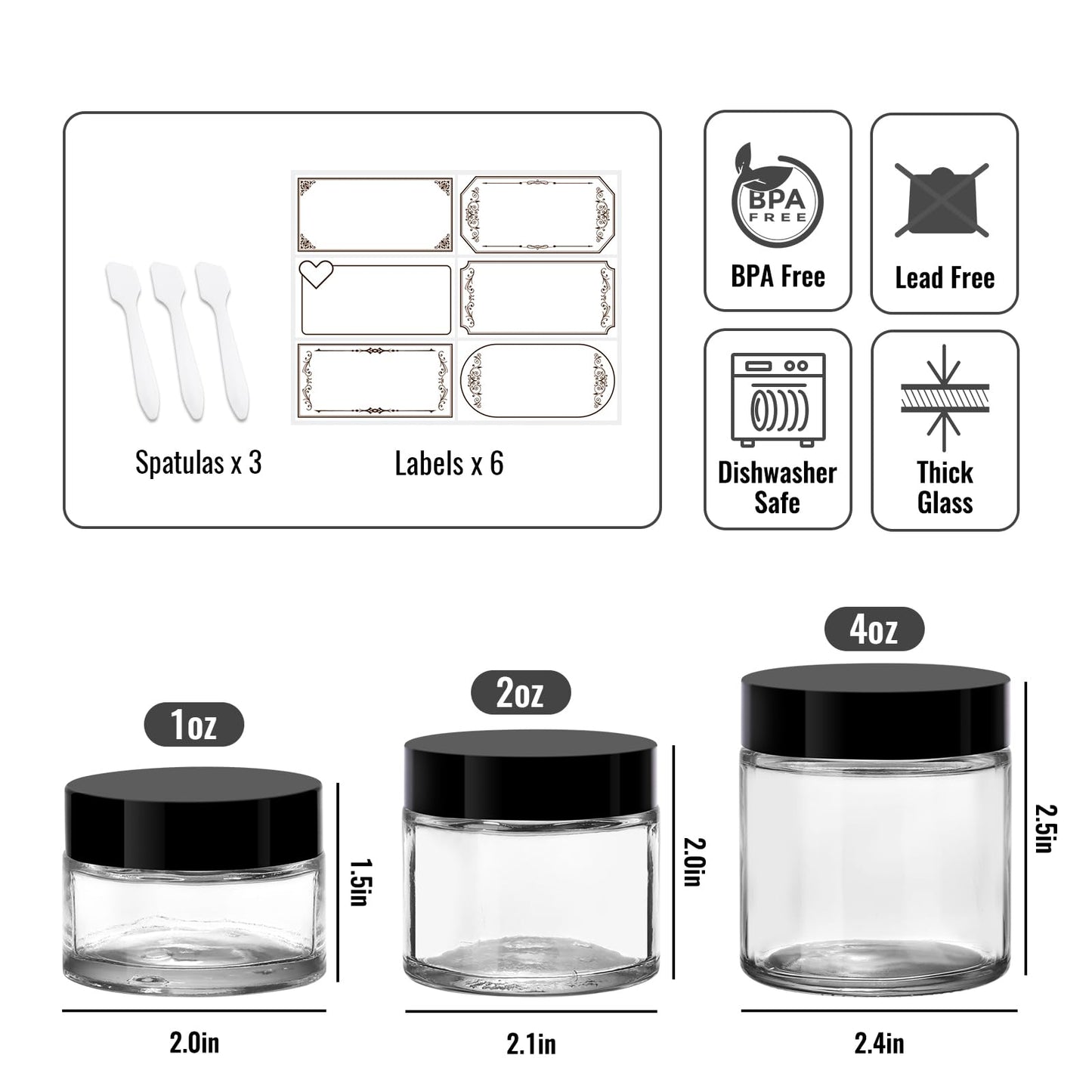 3 Pack Clear Glass Jars with Lids, 4 oz, 2 oz & 1 oz Thick Cosmetic Jars with Inner Liners, BPA Free Leak-Proof Refillable Containers for Lotion, Candle Making, Cream, Scrubs, Travel