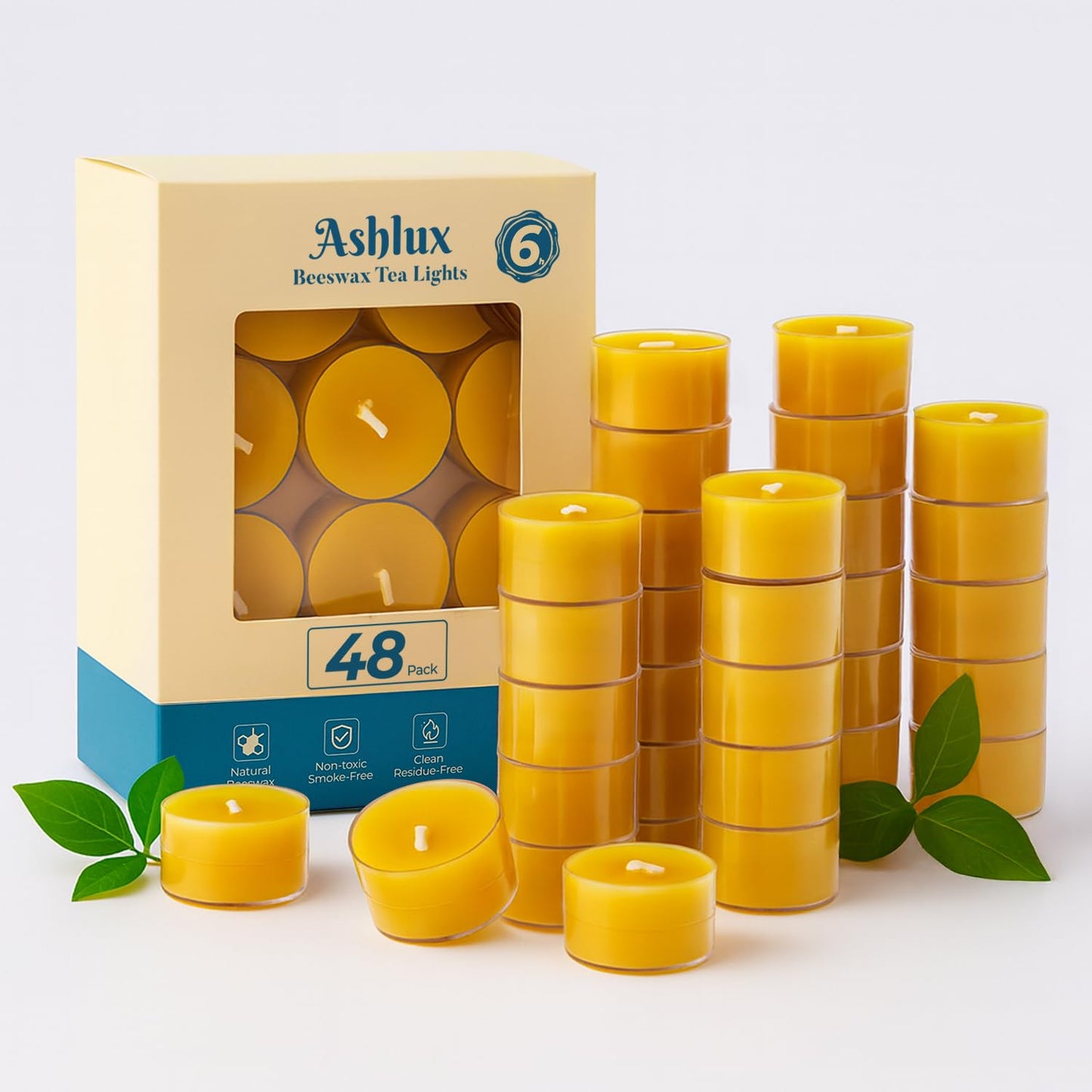 Beeswax Candle Set - 48 Pack Tea Lights + 24 PackTaper Candles + 3 Pack Pillar Candles | Unscented Dripless Smokeless Clean Burning Long Lasting Candles for Wedding Home Decor Dinner Church Holiday