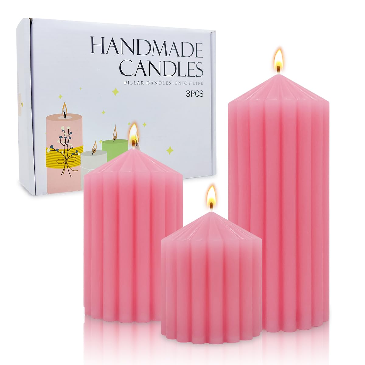 Pink Handmade Decorative Pillar Candles - 2.75×3"/4"/6" Fat Candles - Long Lasting Burning Candles for Home Decor, Gifts & Events