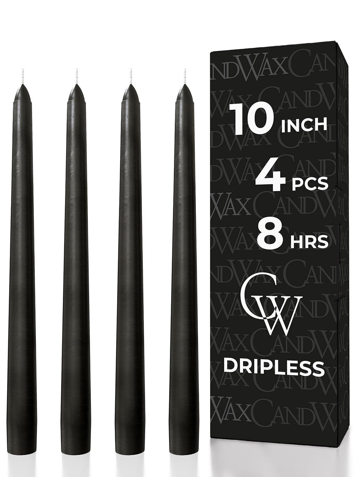 CANDWAX Black 10 inch Taper Candles Pack of 4 - Unscented Smokeless Dripless Tall Candle Sticks - Perfect for Home Decor, Special Occasions and Ordinary Events - Black Taper Candles