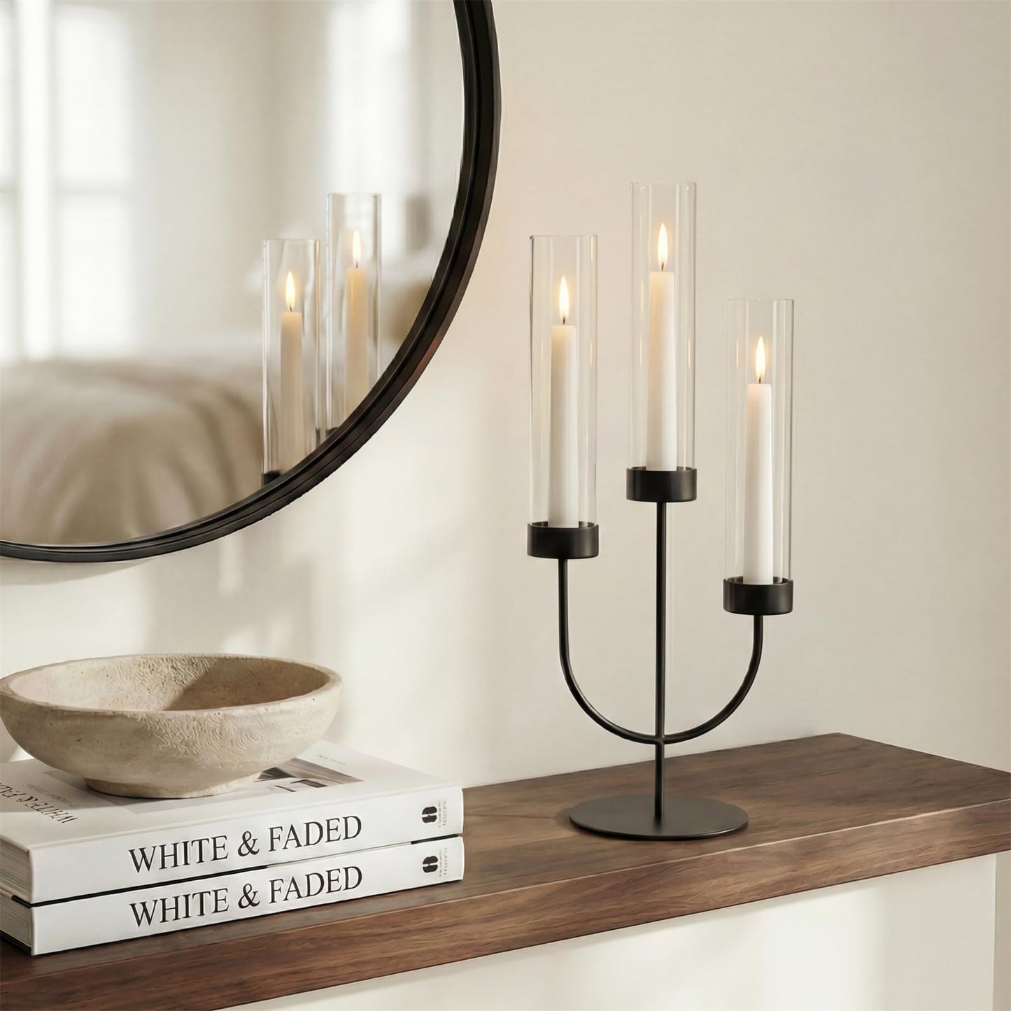 Sziqiqi Black Candelabra Candle Holder: 3 Arm Candlesticks Holder Decor with Glass Hurricane for Dining Table Centerpiece - Metal Candelabra for Halloween Outdoor Dinner Fireplace