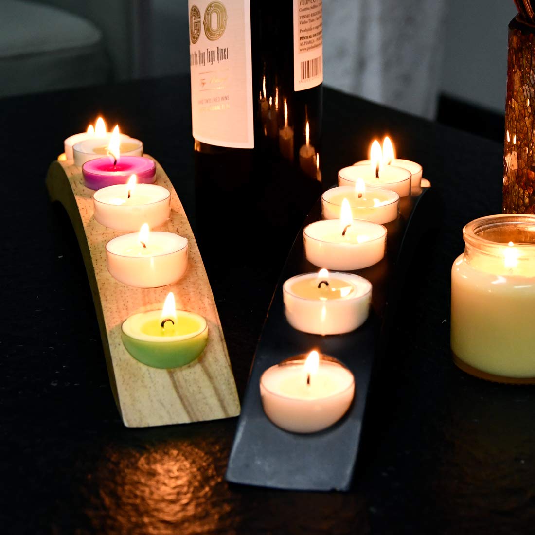Wooden Bridge Candle Holders 15 inch in Length, Long Tea Light Candle Holders Bar, 7 Candle Seat-Black