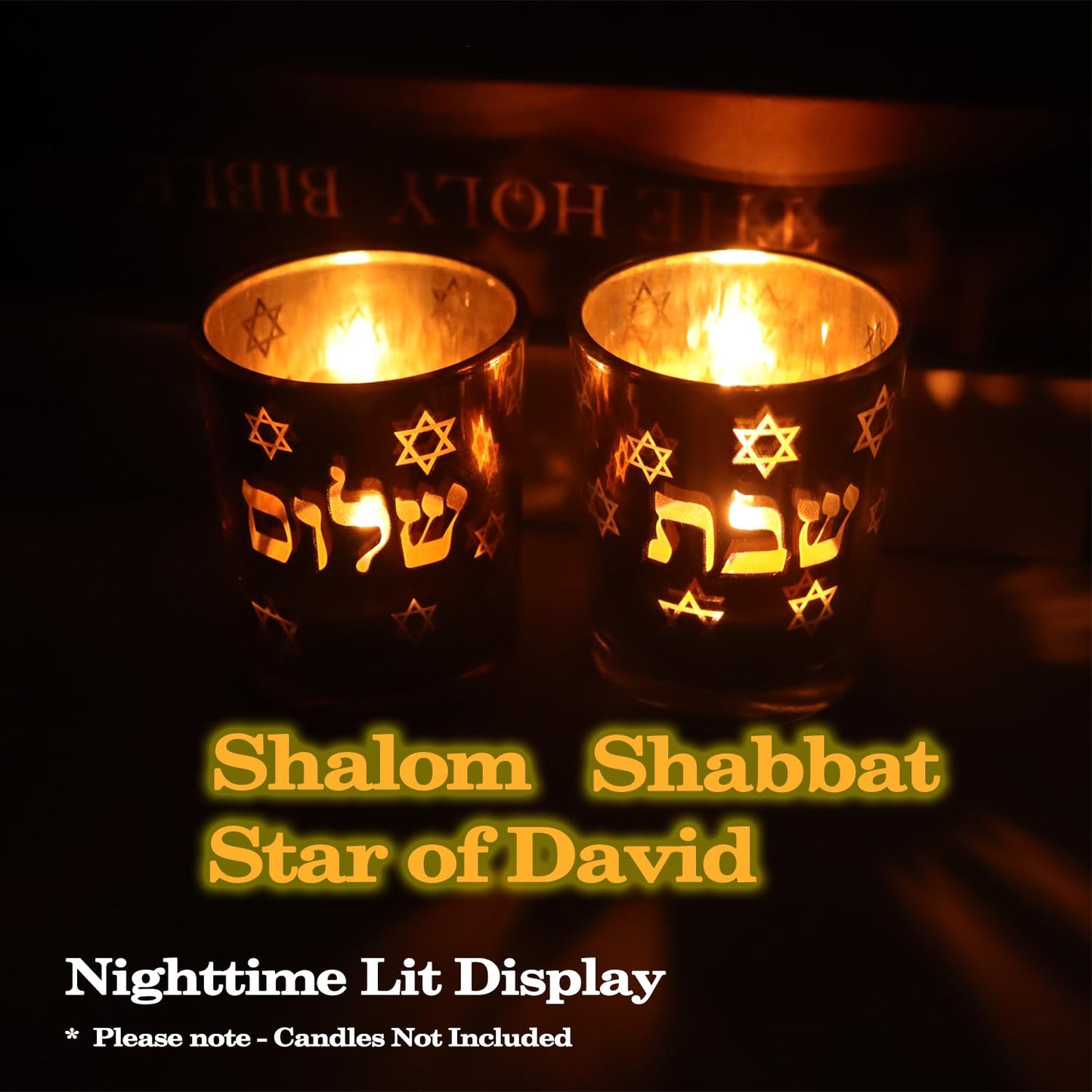 ZIVOSELY Set of 2 Glass Shabbat Candle Holders, Thickened Heat-Resistant Electroplated Glass Tea Light Holders for Jewish Judaica Sabbath Hanukkah Gifts, All Silver