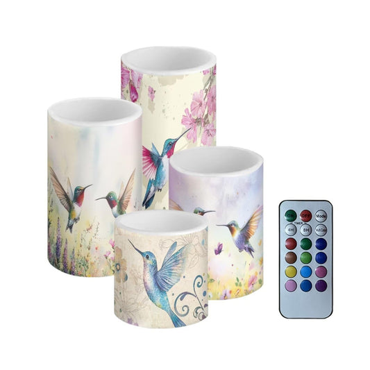 NETILGEN Home Decorative Flameless Candles for Home Party Vintage Flower Hummingbird Print 4 Packs Battery Powered LED Candles with Timer Remote Control