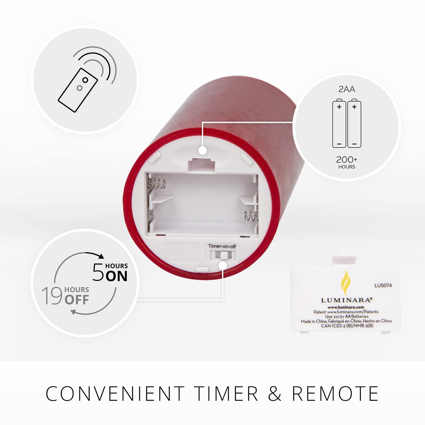 Luminara Flameless Flickering Melted Edge 3" x 6.5" Candle, Battery Operated & Timer Function, Remote Ready (Sold Separately), Unscented Paraffin Burgundy Wax LED Light Pillar, Christmas Holiday Décor