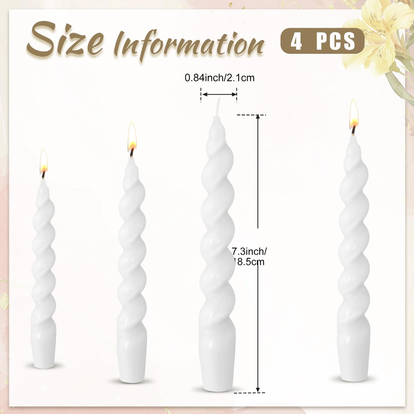 Zhengmy 4 Pcs Bright White Spiral Taper Candle 7 Inch Twisted Long Wax Dinner Candlestick for Fall Halloween Christmas Holiday Valentines Wedding Birthday Baby Shower Table Decor(Solid)