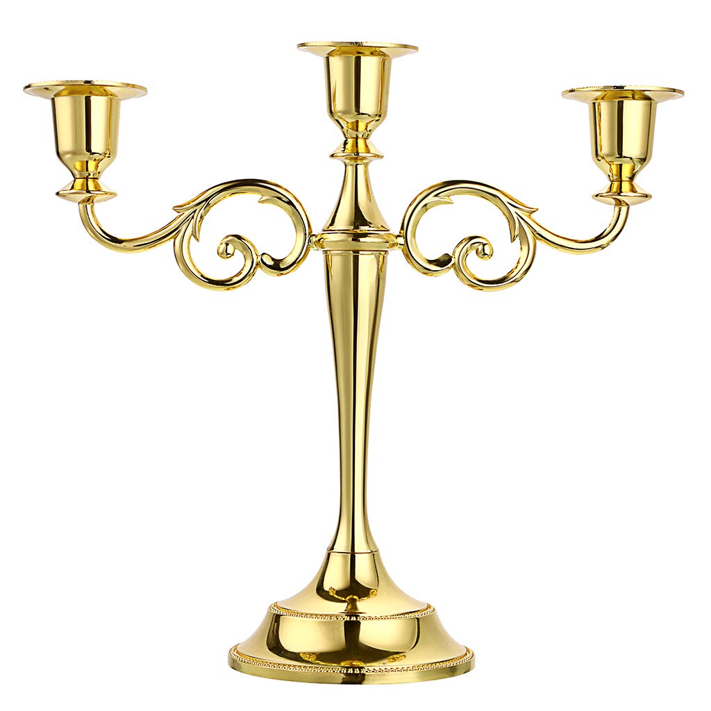 OwnMy 3 Arms Metal Candelabra Candlestick Silver European Elegant Candle Holder Candle Stand for Wedding Dining Table Christmas Party Home Decoration (Golden Tone)
