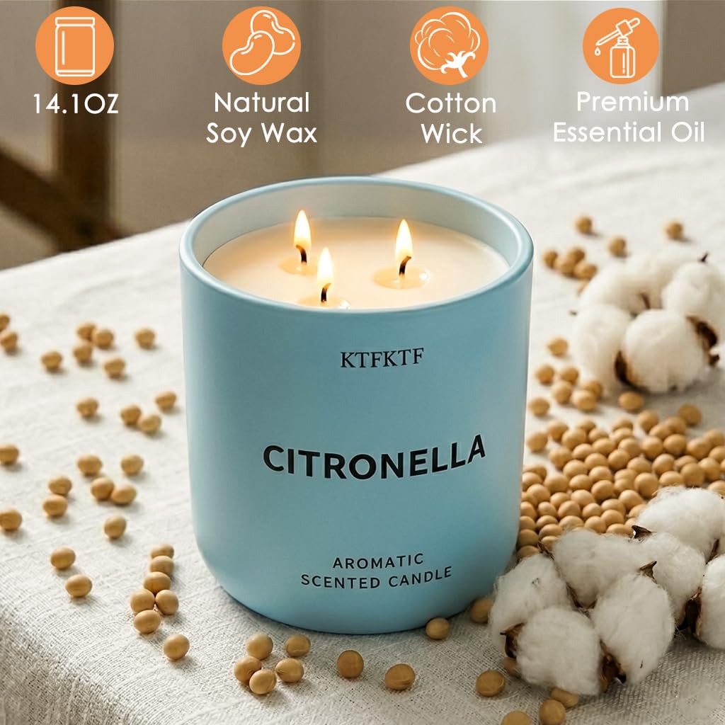 KTFKTF Citronella Candles Outdoor - 14.1oz Large 3 Wick Jar Candle with 80 Hour Burn, Natural Soy Wax, Non-Toxic Outdoor Candle for Patio, Camping, Backyard & Home
