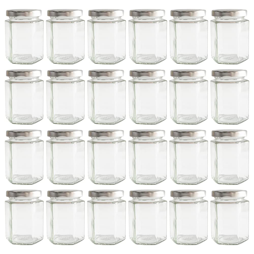 GPK4ALL 190ml 6oz Hexagon Glass Jars, Pack of 24 Sets With Silver Lids for Jam, Honey, Jelly, Candy, Candle, Wedding Favors, Baby Shower, Spice, Crafts, Party Favors, Samples