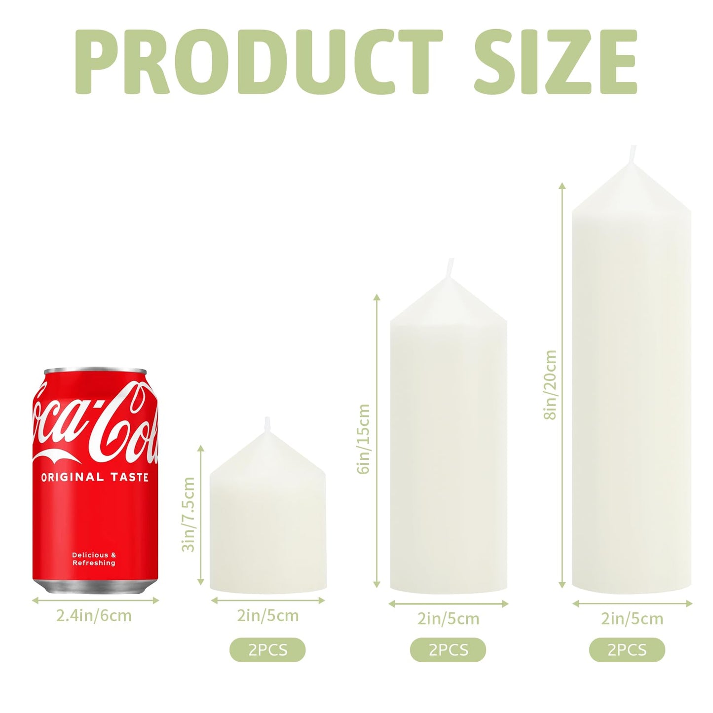 Veiuwa 6 Pcs White Pillar Candles Bulk Set，2x3 2x6 2x8 Inch - 2 Each Size，Hurricane Candles，Dripless Unscented Smokeless，Gives You a Better Atmosphere When Organizing an Event Party.