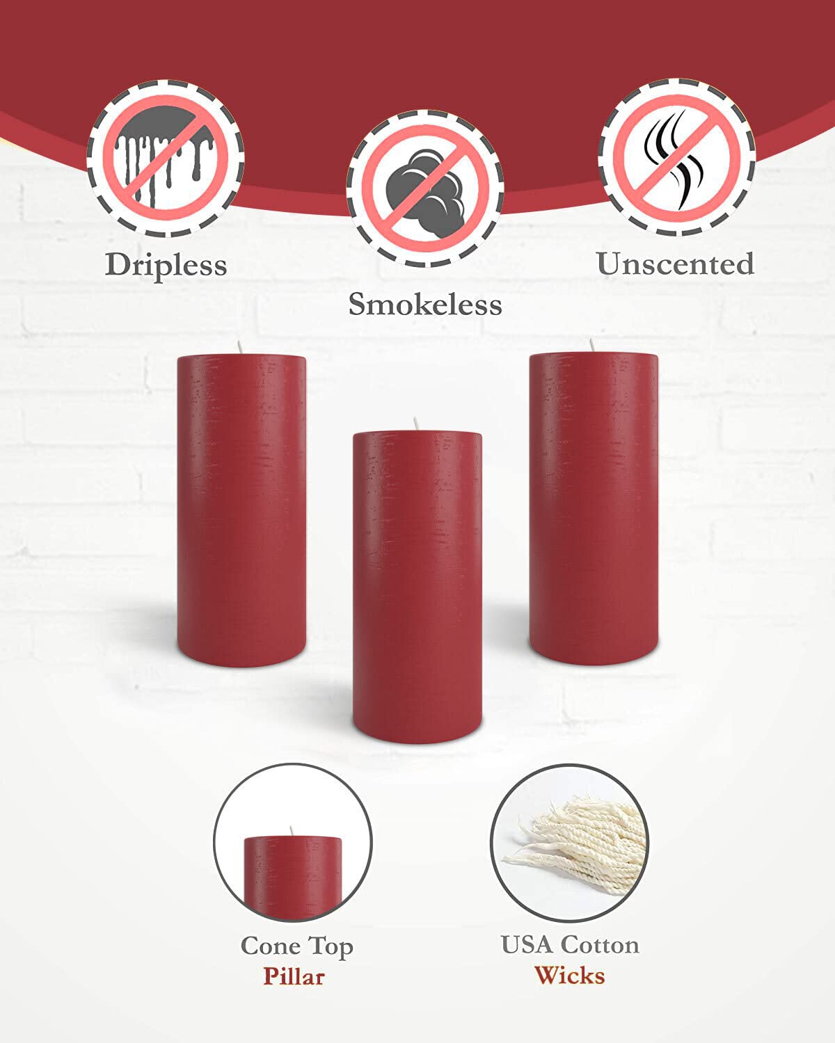 Mottled Pillar Candles by Bask - Set of 6-3" x 6" Dripless Unscented Holiday Candles in Cranberry for Home Decor, Relaxation & All Occasions