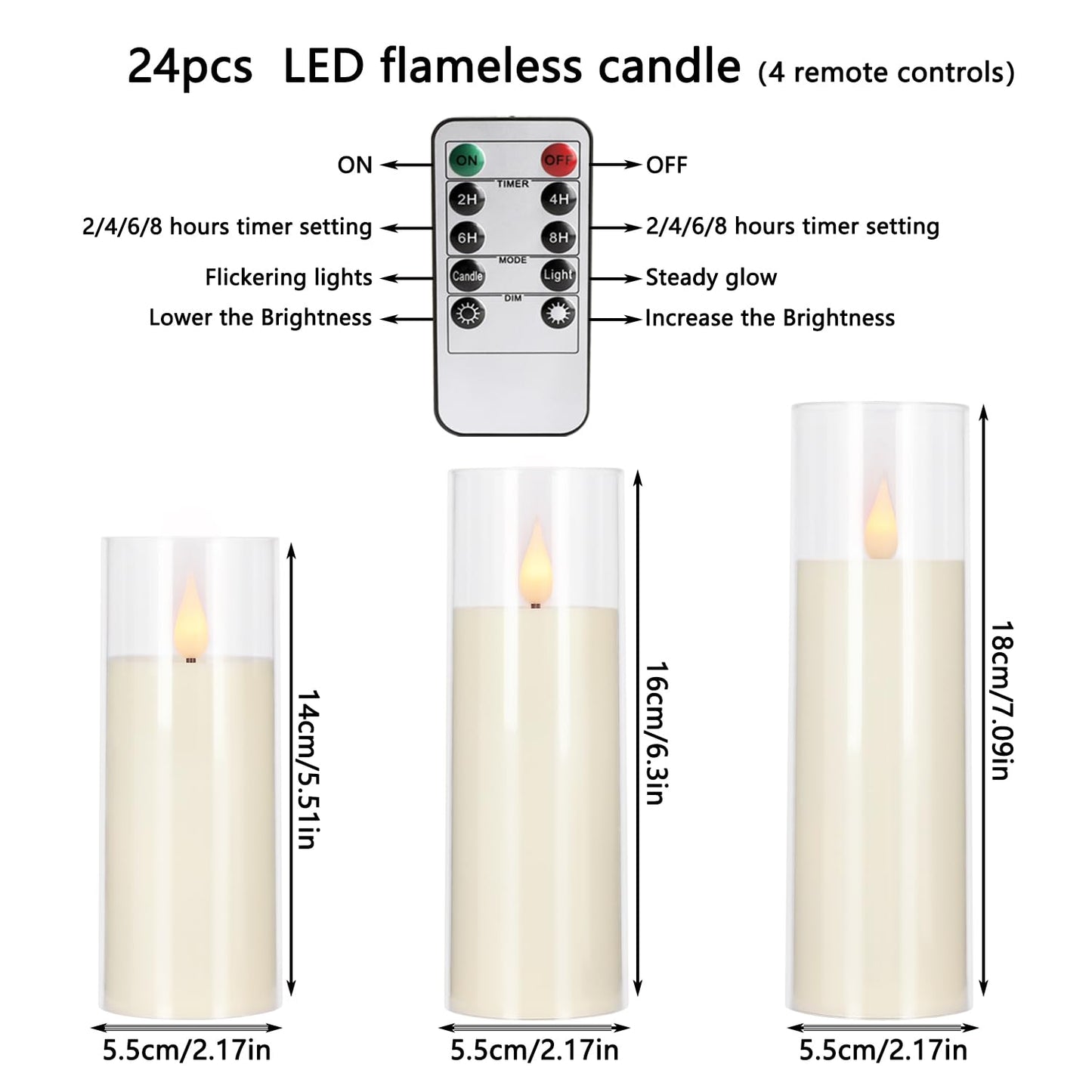CAKETYCG 24-Pack LED Flameless Candles(14/16/18cm) with 4 Timers Remote - 3D Flickering Flame, Clear, Perfect Decor for Home & Events.