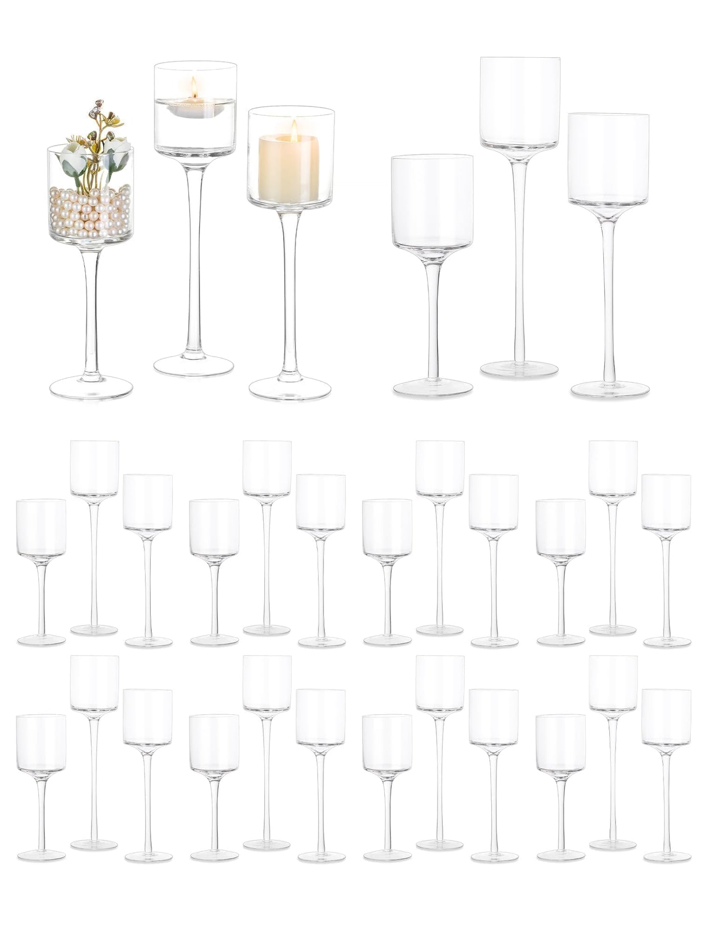 Glass Candle Holder for Table Centerpiece - Tall Tea Lights, Elegant Clear Long Stem for Pillar and Floating Candles - Wedding, Party, Home Decor Set of 30