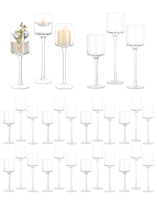 Glass Candle Holder for Table Centerpiece - Tall Tea Lights, Elegant Clear Long Stem for Pillar and Floating Candles - Wedding, Party, Home Decor Set of 30