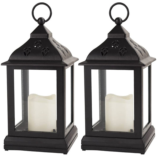 Bright Zeal 2-Pack 9.5" Vintage Decorative Candle Lantern with LED Flickering Flameless Candle (Black, 8hr Timer) - Indoor Hanging Lanterns Decorative Lanterns Battery Powered LED Candle Timer Candle
