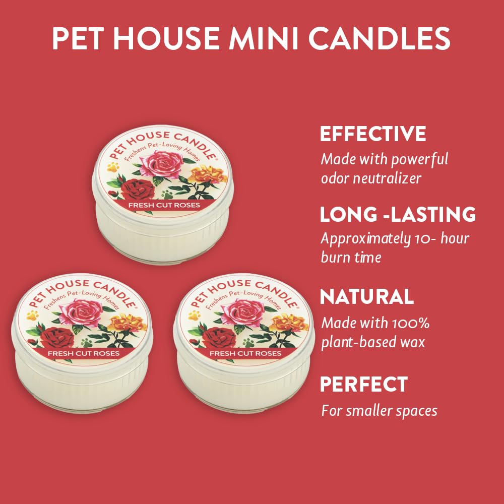 Pet House Mini Candles for Pet Odor Made with Natural Soy Wax, Plant Based, Dog and Cat Friendly Scented Candles, Fresh Cut Roses Pack of 3