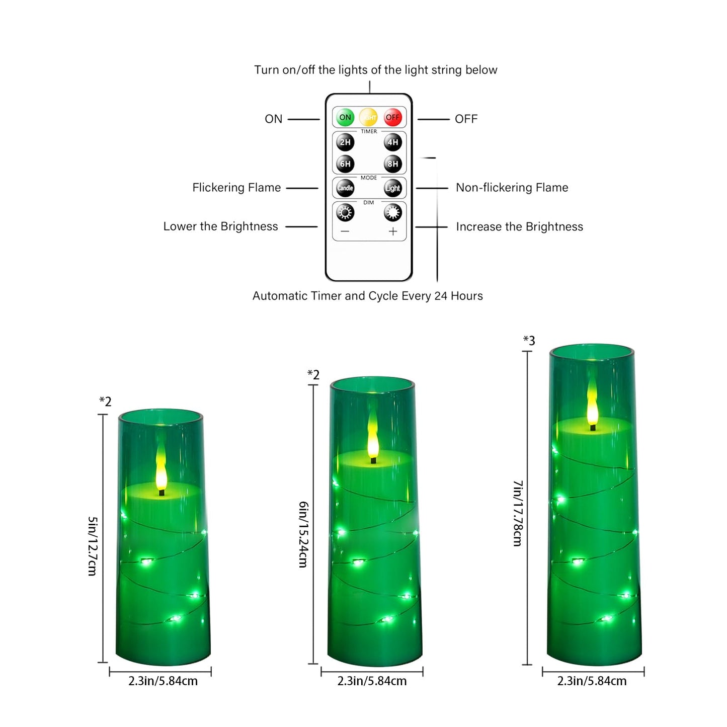 Flameless Candles,with Embedded Star String, Battery Operated Candles Flickering LED Pillar Candles with Remote Control and Timer, Home Decoration Add a Warm and Romantic Atmosphere，Set of 7 (Green)