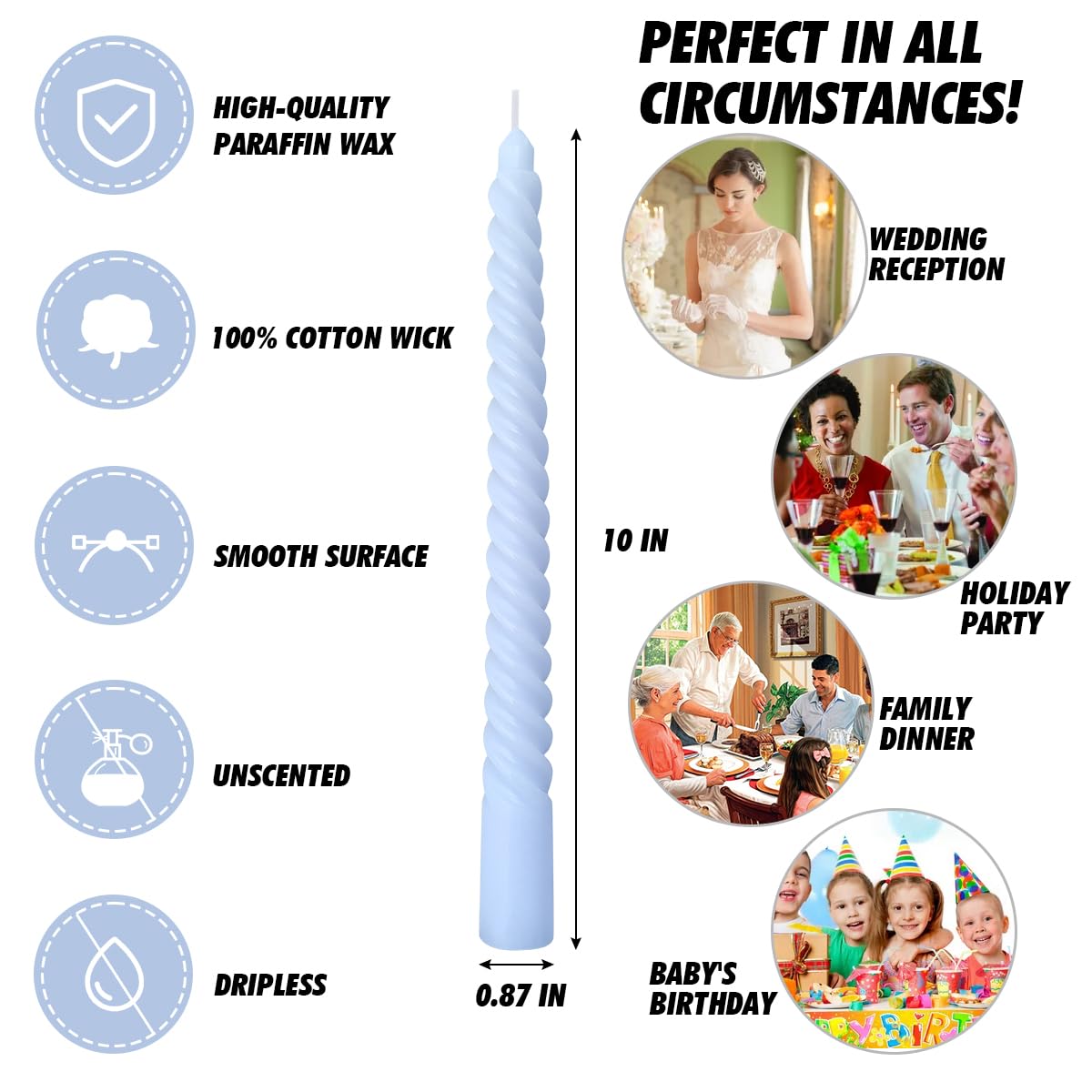 6 Pack 10 Inch Baby-Blue Spiral Taper Candles for Hanukkah and Winter Home Decoration, Unscented Dripless Twisted Candlesticks for Dinner Beach-Themed Decor Relaxation and Meditation