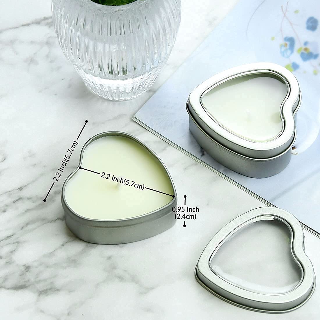 DEYBBY Jasmine Scented Soywax Tealight Candles, White Heart Shaped Aromatherapy Candles Gifts Tins for Women, Mother, Wife, Lover (Pack of 6)