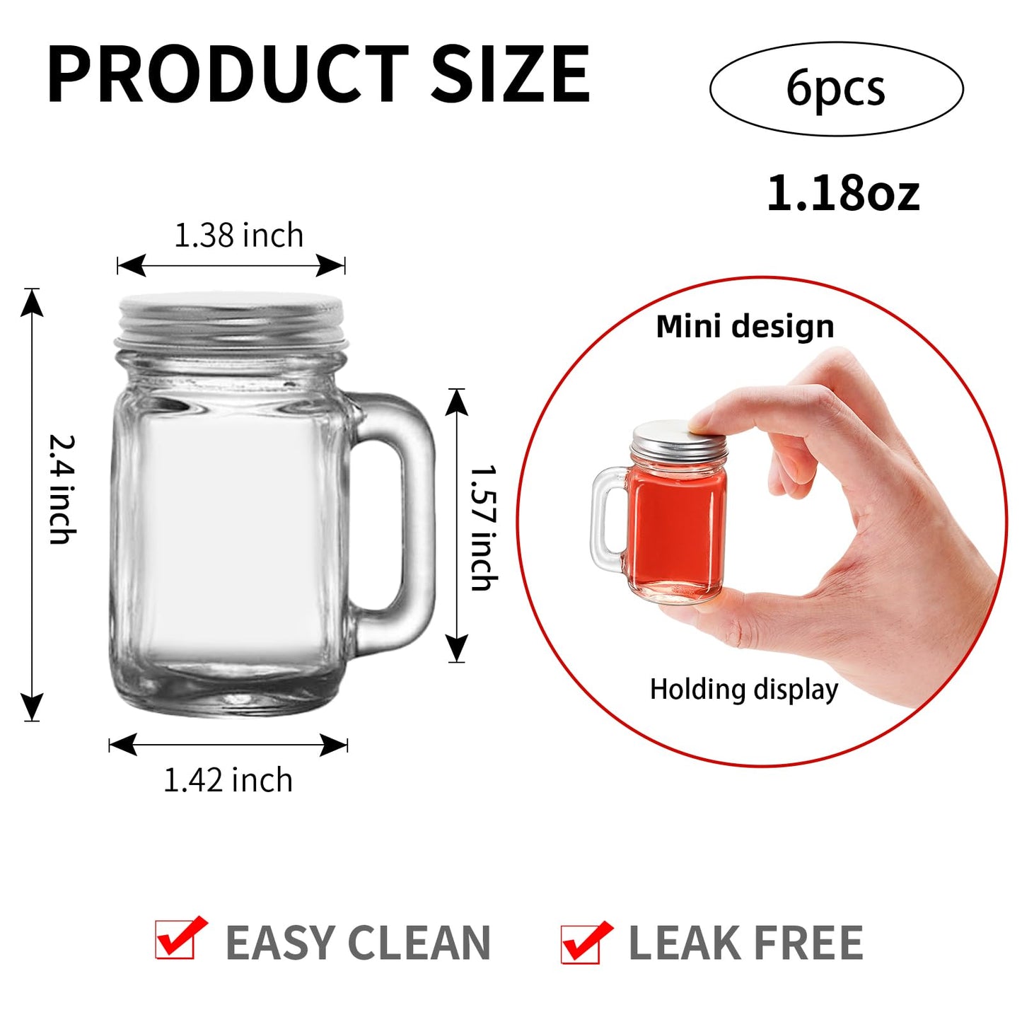 eispap 6 Pcs Mini Mason Jar with Handles,1.7oz/50ml,Premium Shot Glasses with Leakproof Lids for Drink,Dessert,Condiments,Jams,Candle,Craft (6)