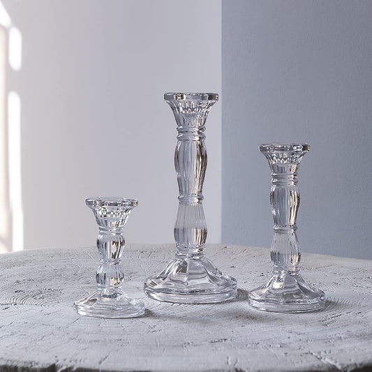 3 Pack Glass Candle Stick Holders - Clear Crystal Taper Candles Holder– for Buring Candles, Led Taper Candle,Party and Wedding Centerpieces, Table Decoration