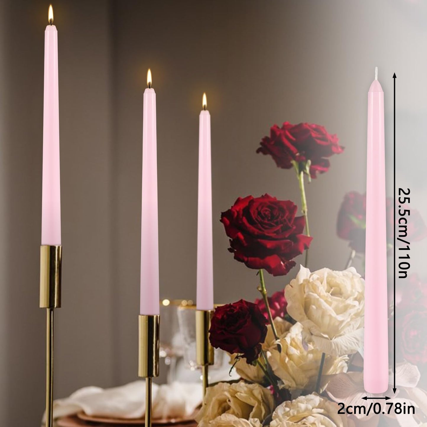 10 Inch Pink Taper Candles Set of 24,Unscented,Smokeless and Dripless Candlestickst for Valentine's Day,Household, Wedding, Party and Home Décor Candlesticks,Shabbat,8 Hours Burn Time