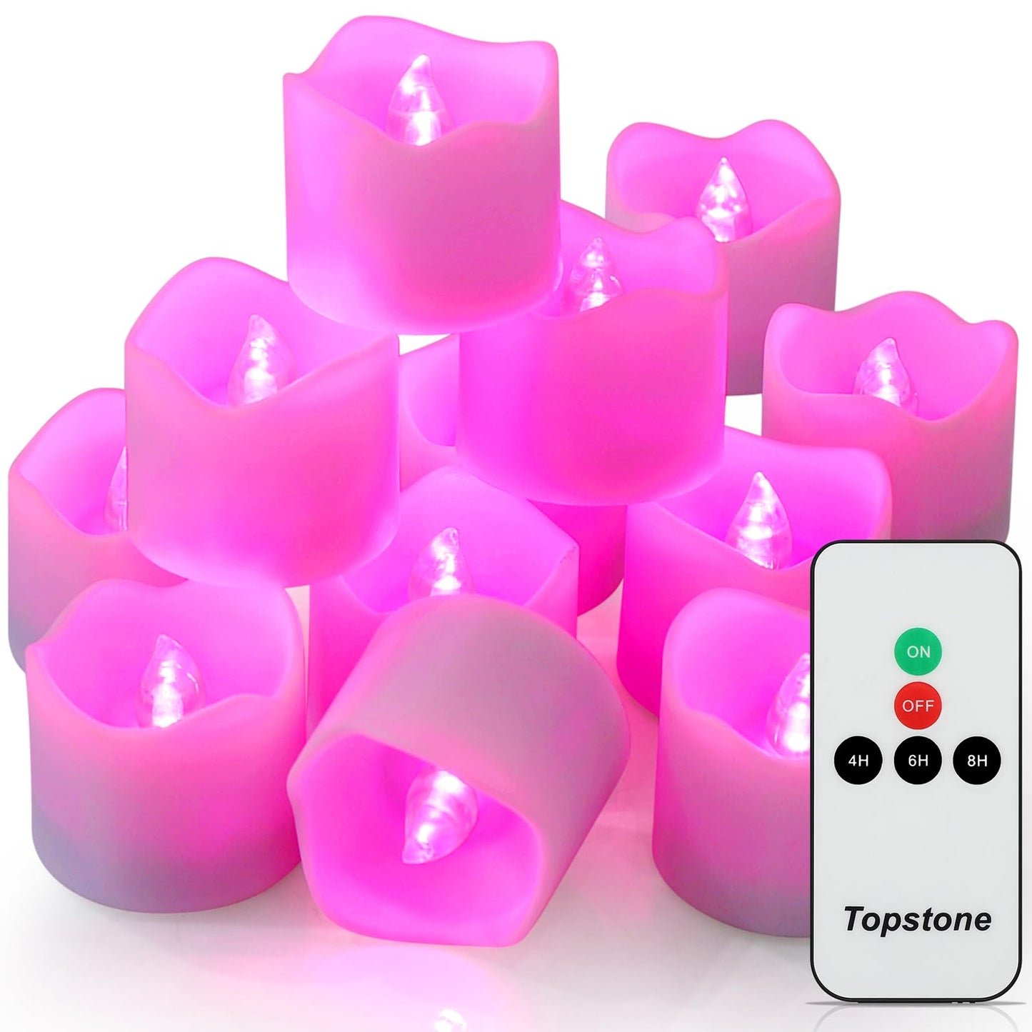 Topstone Remote Control Flameless LED Votive Candles with Timer, CR2450 Battery Powered, Electric Tea Lights for Seasonal and Festival Decoration, Pink Light, 12 pcs