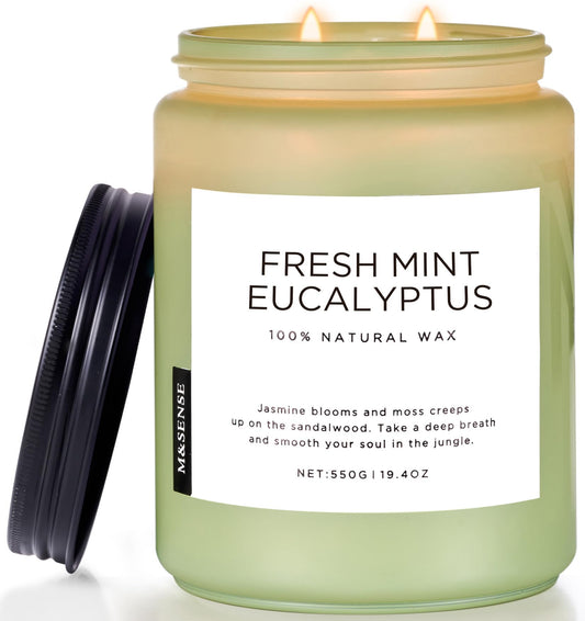 M&SENSE Eucalyptus & Mint Scented Jar Candle, Large 19.4oz Natural Soy Wax, 110-Hour Long Lasting Non-Toxic Clean Burning, Fresh Smelling Home Aromatherapy for Spa Stress Relief, Gifts for Men Women