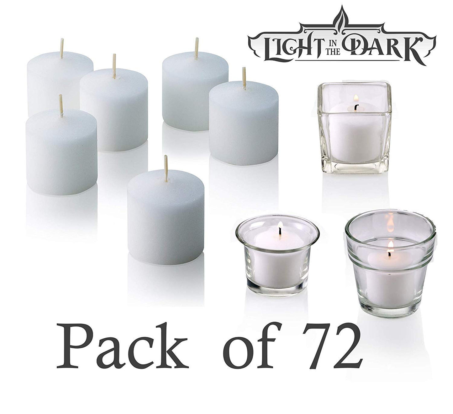 Light In The Dark White Votive Candles - Box of 72 Unscented Candles - 10 Hour Burn Time - Bulk Candles for Weddings, Parties, Spas and Decorations