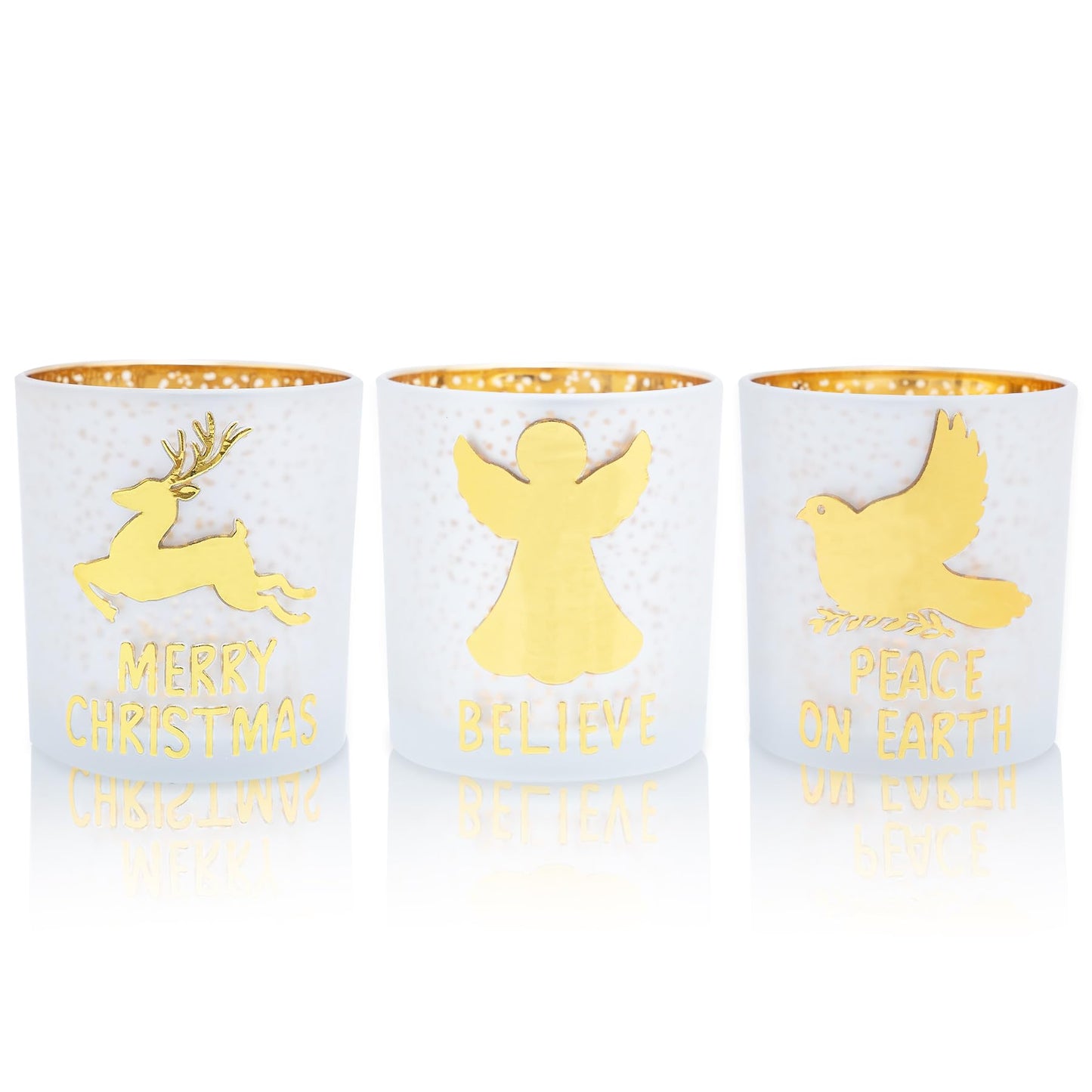 Rancco Votive Candle Holders, Christmas Gold Silver Glass Tea Light Candle Holder Set of 3 with Elk, Angel, Peace Dove, Candle Holder for Christmas Table Centerpieces, Birthday, Home Tea Party Decor