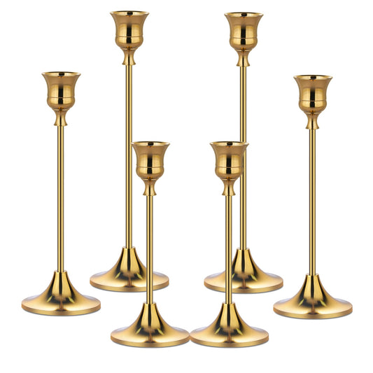 Metal Candle Holders for Candlesticks Taper Candlestick Holders Set Vintage Decorative Centerpiece Candelabra Tall Candle Stands (Gold, 2 Sets (6 pcs))
