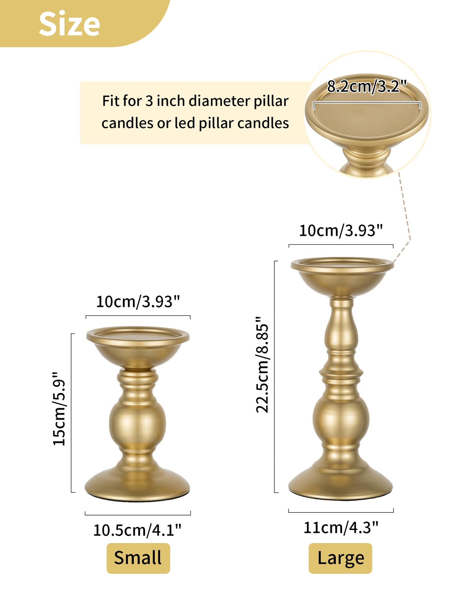 Set of 2 Gold Candlestick Metal Pillar Candle Holders, Flameless Candlestick Holders Stand Centerpieces Decoration Ideal for Weddings, Special Events, Parties