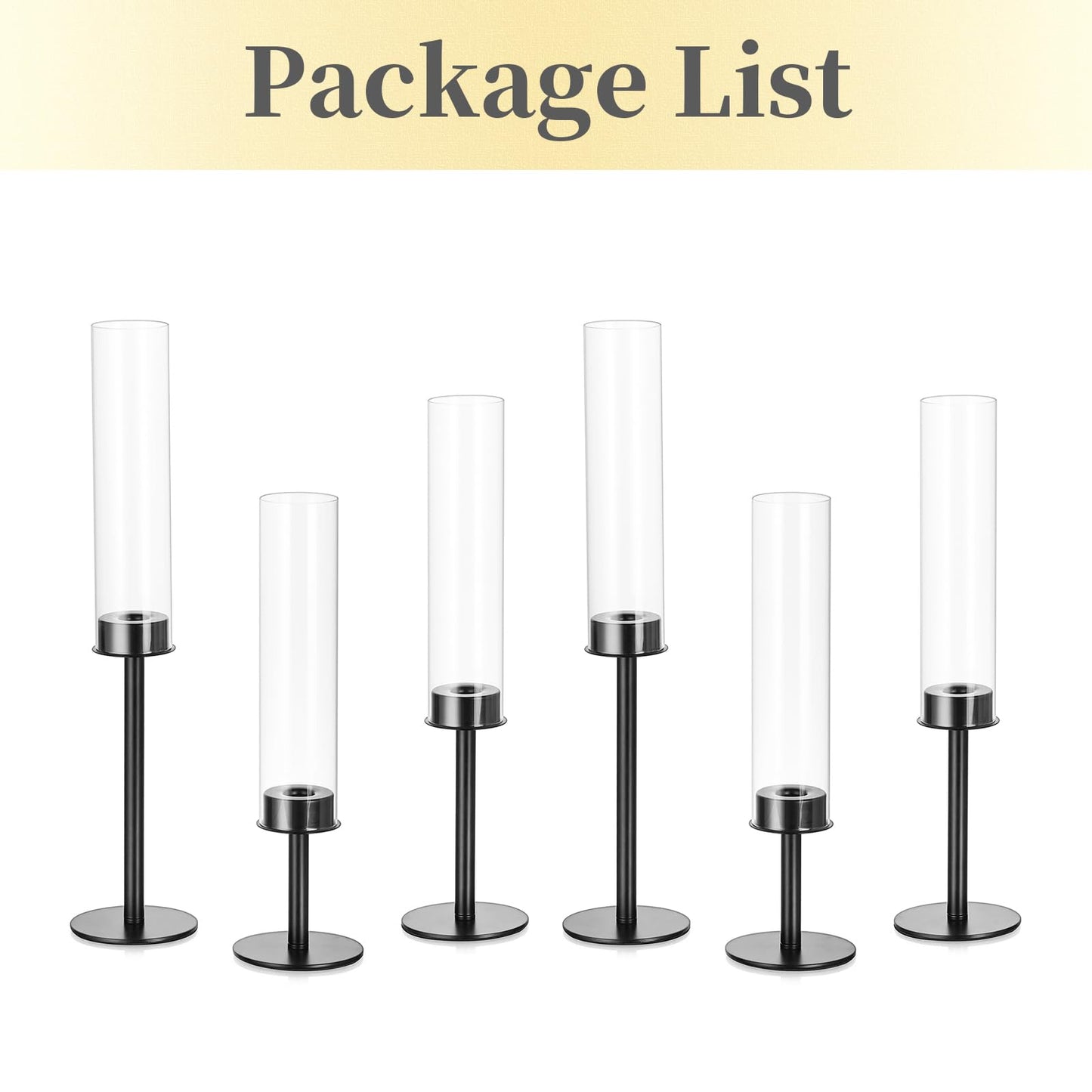 Hewory Black Candlestick Holders Hurricane Candle Holder, 6Pcs Candle Stick Candle Holder Candelabra, Taper Candle Holders with Glass Candle Cover for Wedding Table Centerpiece Christmas Decor