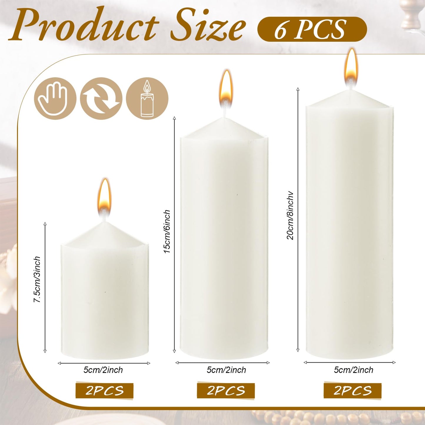 MTLEE 6 Pcs Pillar Candles 3 Set 2 in x 3, 6, 8 Inch Smokeless Dripless Unscented Pillar Candles Long Clean Burning Wax for Wedding Dinner Party Spa Emergency Ceremony Home Decor(White)